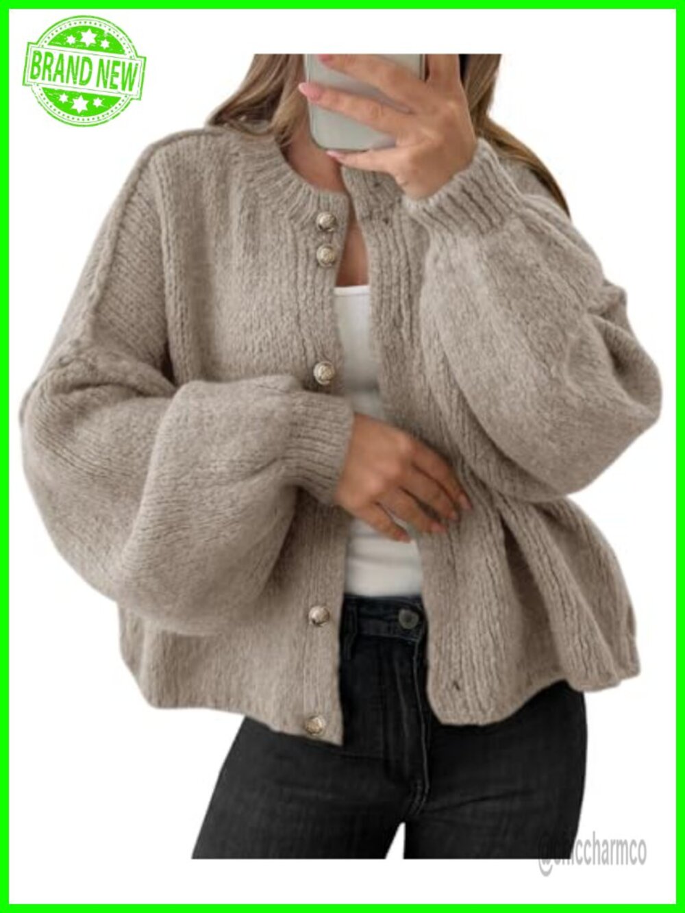 Oversized Chunky Knit Cardigan Lantern Sleeve Button Up Sweater Coat